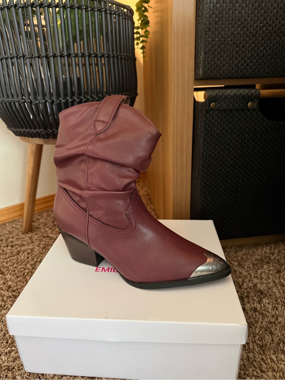 Pink Lily Burgundy Western Ankle Boot with Silver Toe